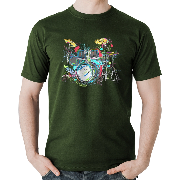 Camiseta Algodão Bateria Arte - Musgo