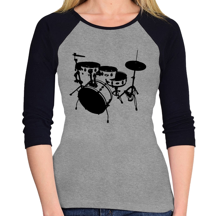 Baby Look Raglan Bateria Música Baterista Manga 3/4 - Cinza/Preto