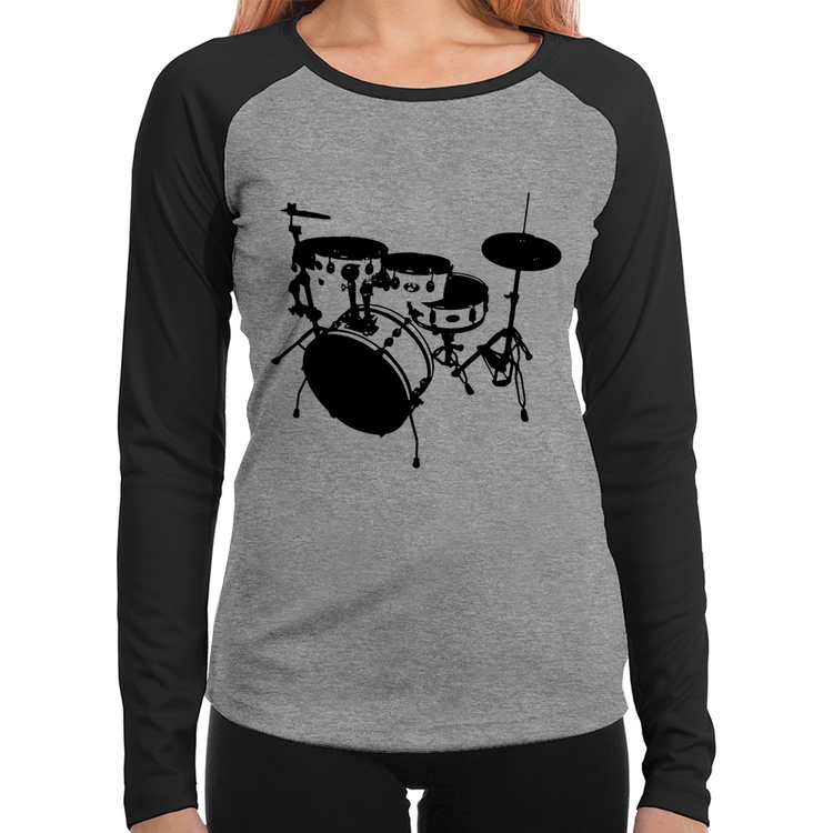 Baby Look Raglan Bateria Música Baterista Manga Longa - Cinza/Preto