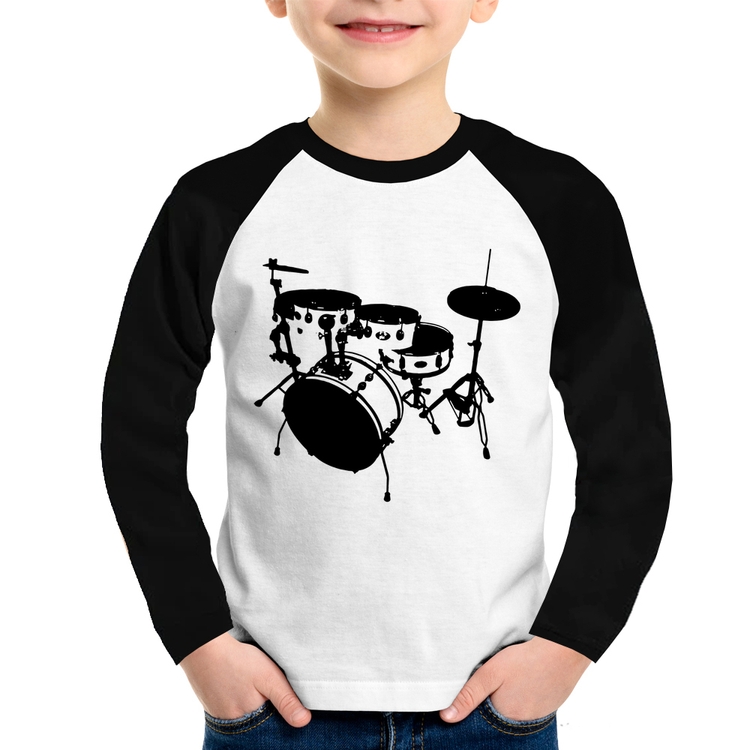 Camiseta Raglan Infantil Bateria Música Baterista Manga Longa