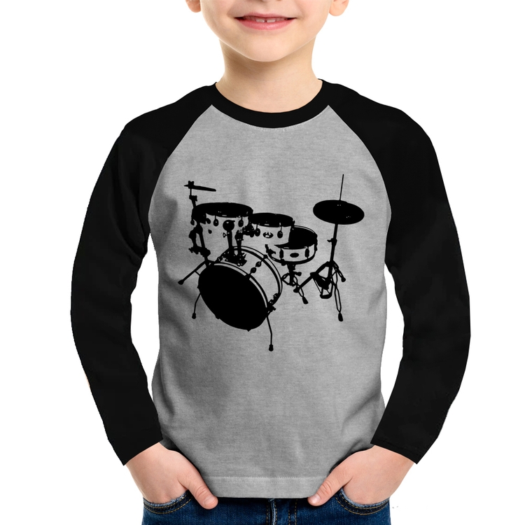 Camiseta Raglan Infantil Bateria Música Baterista Manga Longa - Cinza/Preto