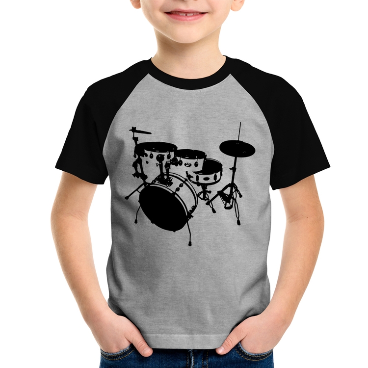 Camiseta Raglan Infantil Bateria Música Baterista - Cinza/Preto