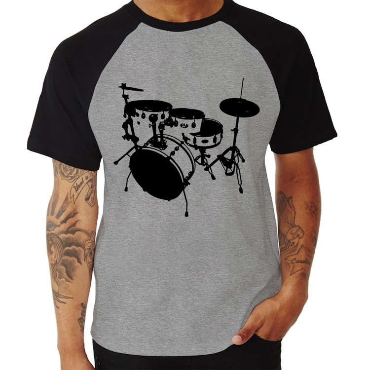 Camiseta Raglan Bateria Música Baterista - Cinza/Preto