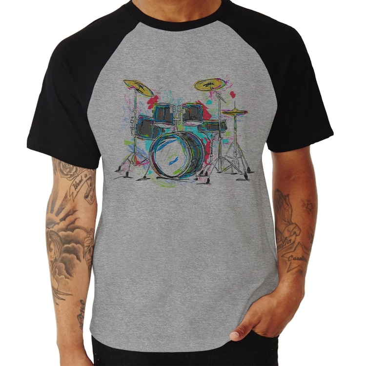 Camiseta Raglan Bateria Arte - Cinza/Preto