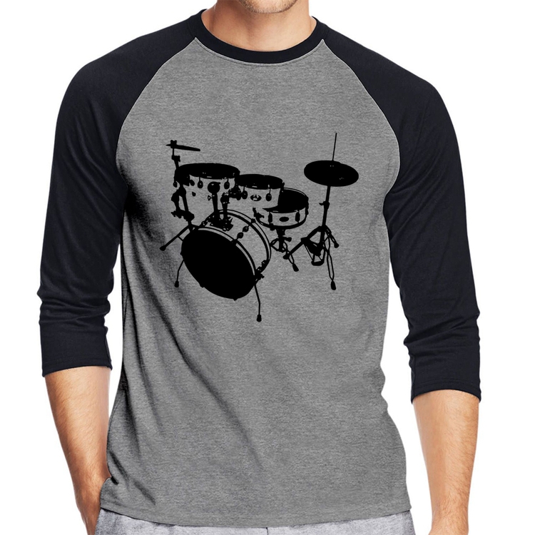 Camiseta Raglan Bateria Música Baterista Manga 3/4 - Cinza/Preto