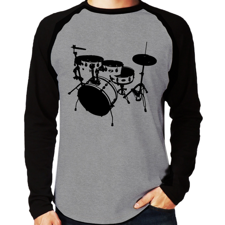Camiseta Raglan Bateria Música Baterista Manga Longa - Cinza/Preto