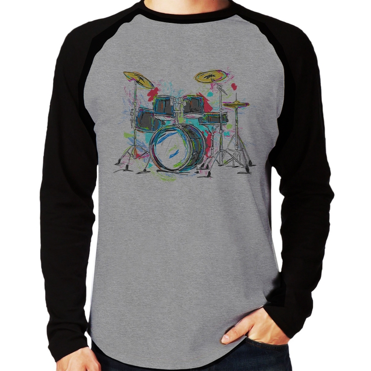 Camiseta Raglan Bateria Arte Manga Longa - Cinza/Preto