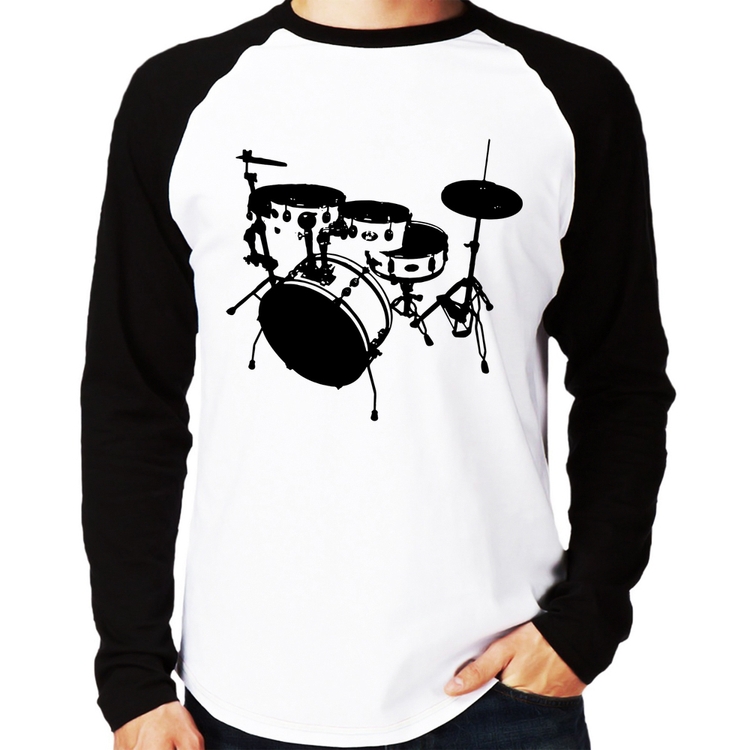 Camiseta Raglan Bateria Música Baterista Manga Longa