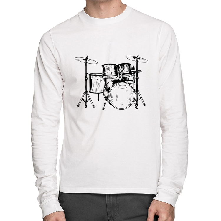 Camiseta Algodão Bateria Música Manga Longa - Branca