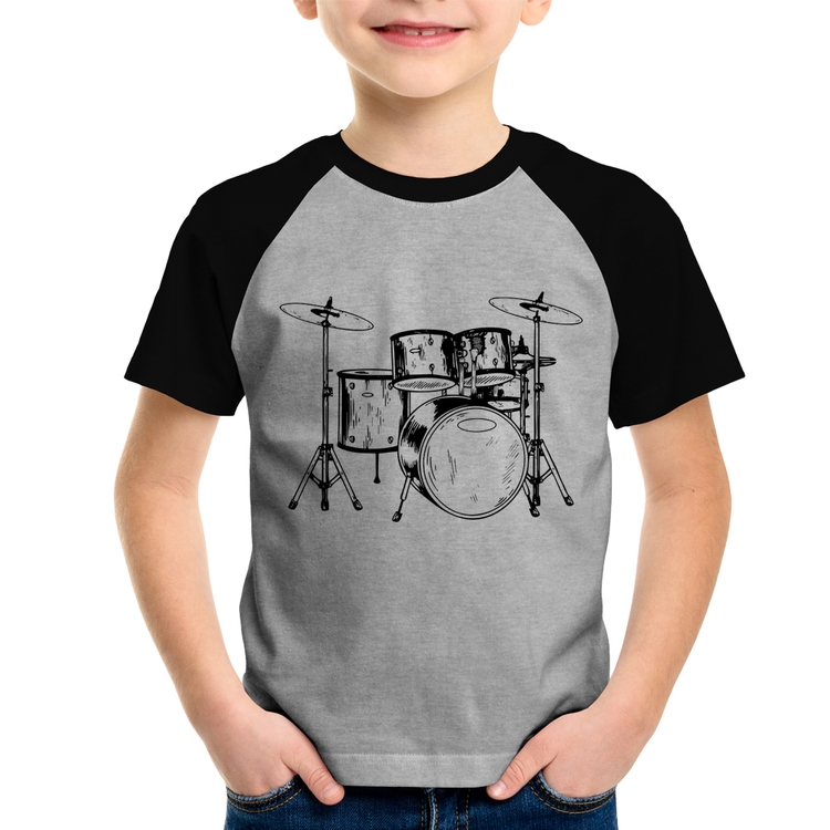 Camiseta Raglan Infantil Bateria Música - Cinza/Preto