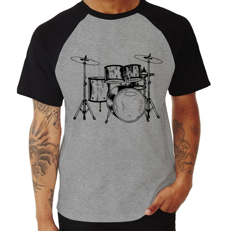 Camiseta Raglan Bateria Música - Cinza/Preto