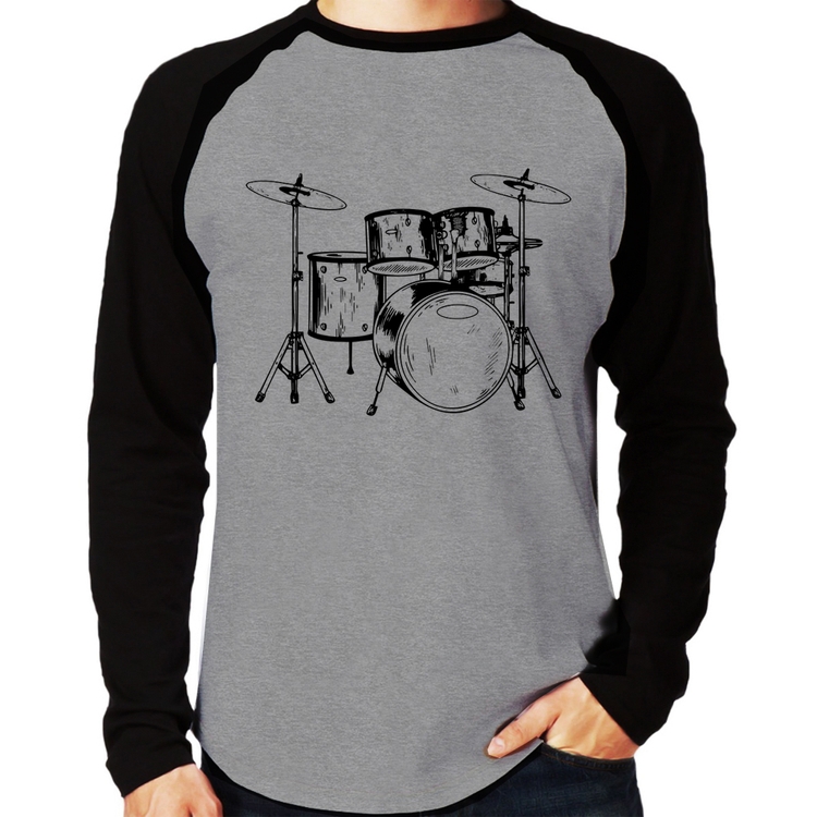 Camiseta Raglan Bateria Música Manga Longa - Cinza/Preto