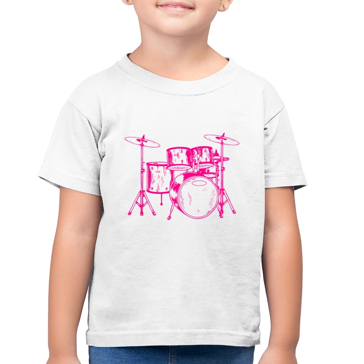 Camiseta Algodão Infantil Bateria Música (rosa) - Branca