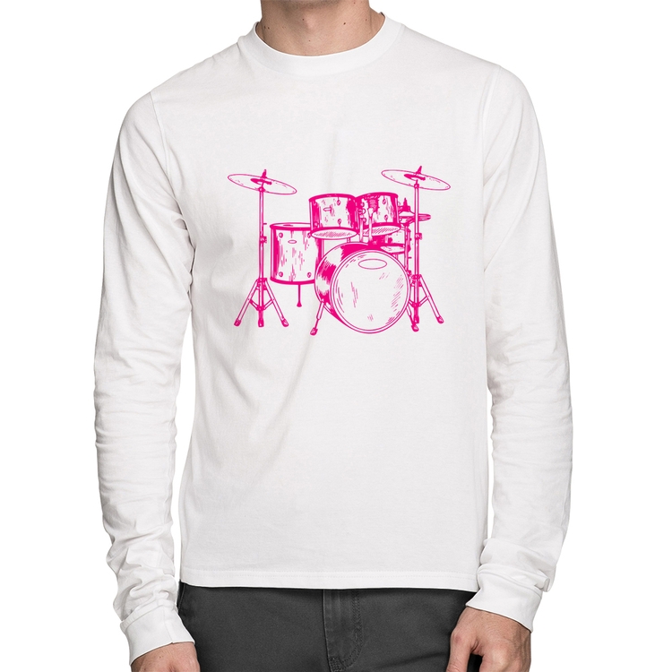 Camiseta Algodão Bateria Música (rosa) Manga Longa - Branca