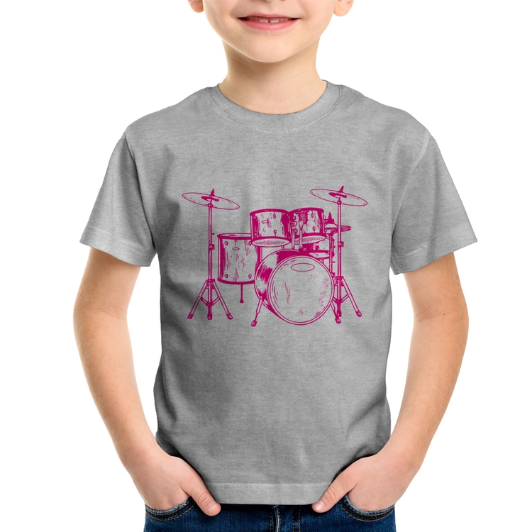 Camiseta Infantil Bateria Música (rosa) - Cinza