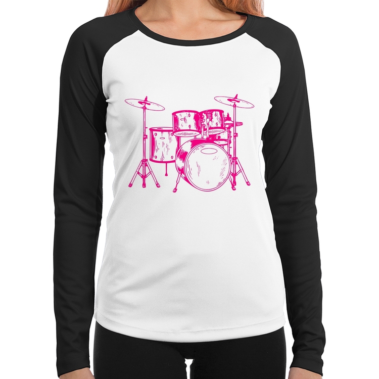 Baby Look Raglan Bateria Música (rosa) Manga Longa