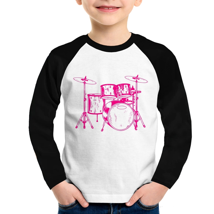 Camiseta Raglan Infantil Bateria Música (rosa) Manga Longa