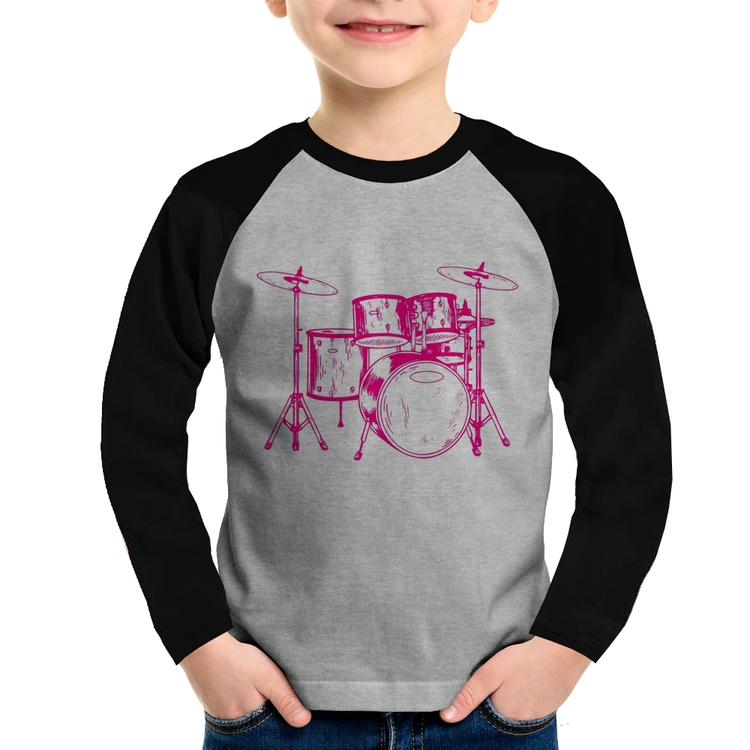 Camiseta Raglan Infantil Bateria Música (rosa) Manga Longa - Cinza/Preto