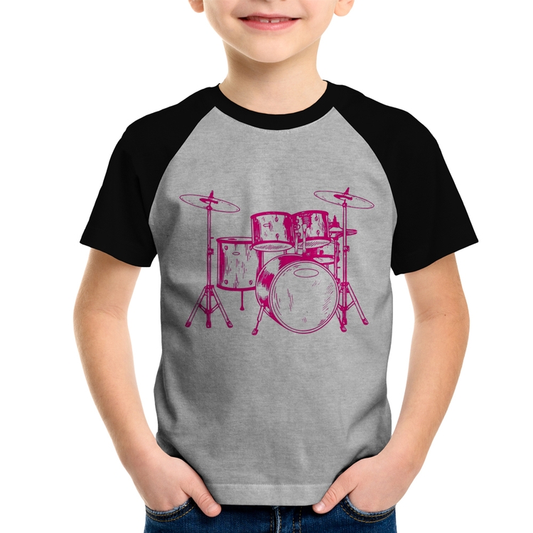 Camiseta Raglan Infantil Bateria Música (rosa) - Cinza/Preto
