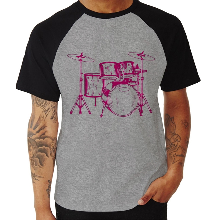 Camiseta Raglan Bateria Música (rosa) - Cinza/Preto