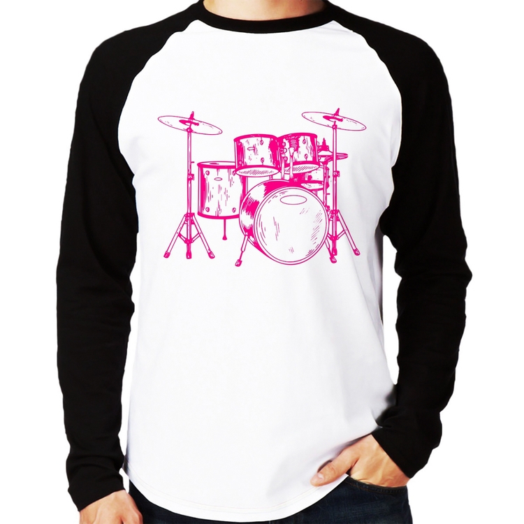 Camiseta Raglan Bateria Música (rosa) Manga Longa