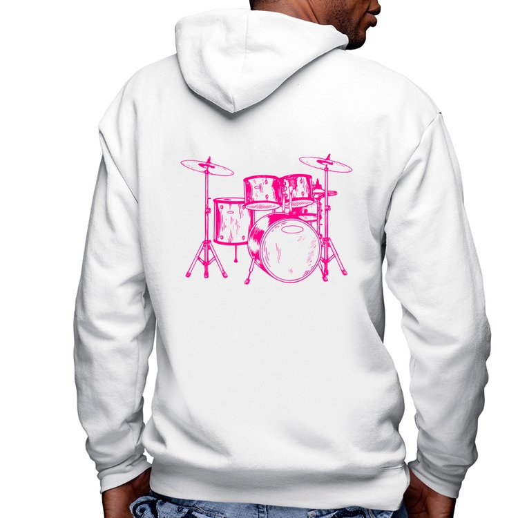 Blusa Moletom Bateria Música (rosa) Masculina com Capuz e Zíper - Branca