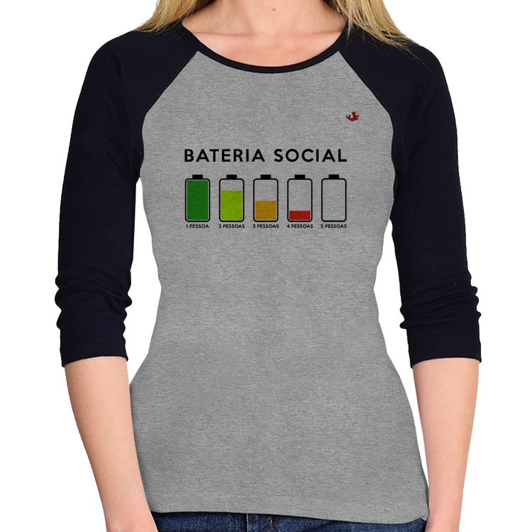 Baby Look Raglan Bateria Social Manga 3/4 - Cinza/Preto