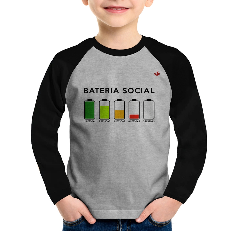 Camiseta Raglan Infantil Bateria Social Manga Longa - Cinza/Preto