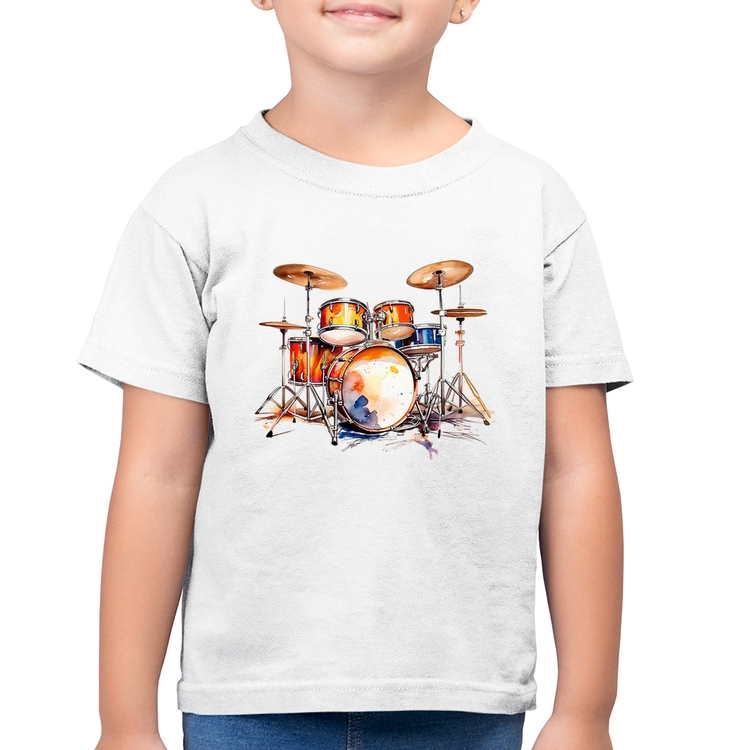 Camiseta Algodão Infantil Bateria Watercolor - Branca