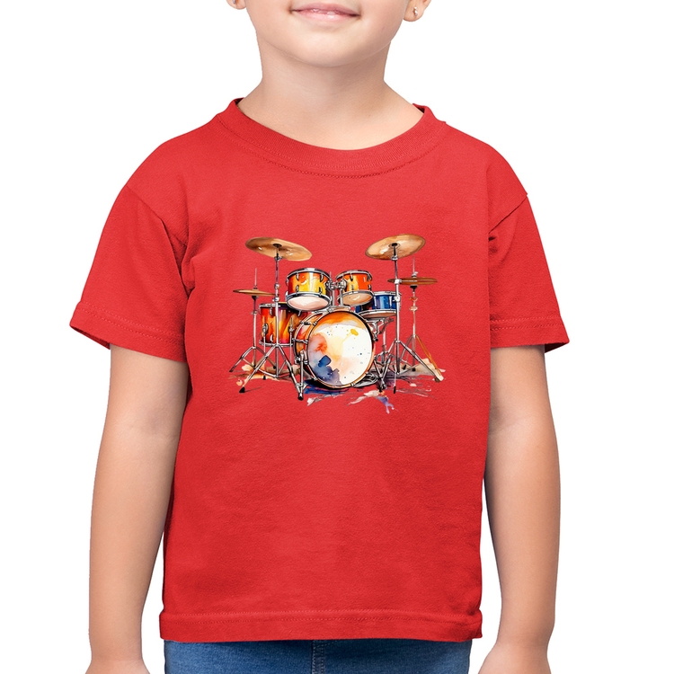 Camiseta Algodão Infantil Bateria Watercolor - Vermelha