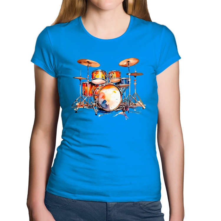 Baby Look Algodão Bateria Watercolor - Azul