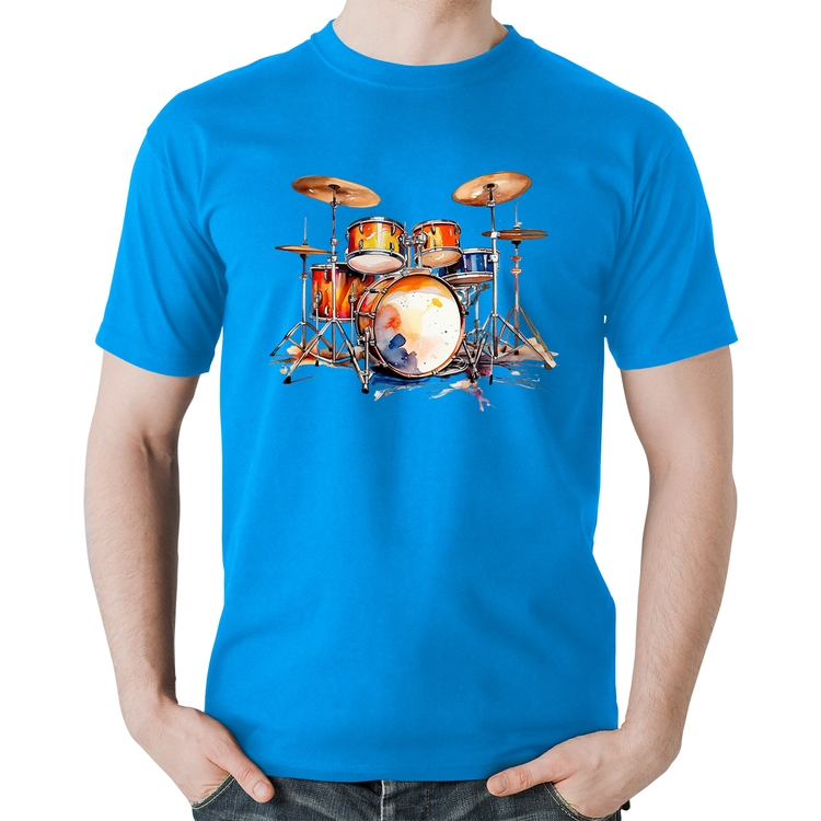 Camiseta Algodão Bateria Watercolor - Azul