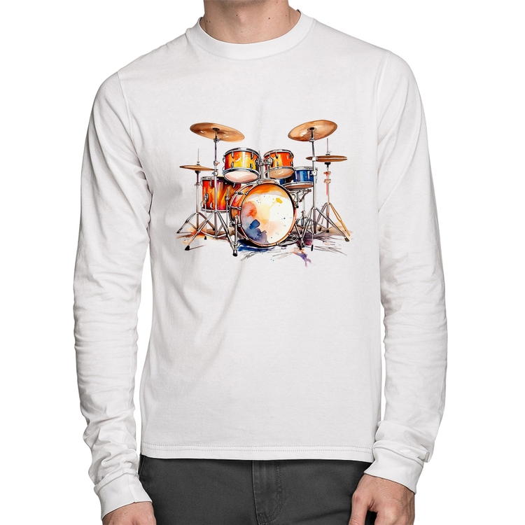 Camiseta Algodão Bateria Watercolor Manga Longa - Branca