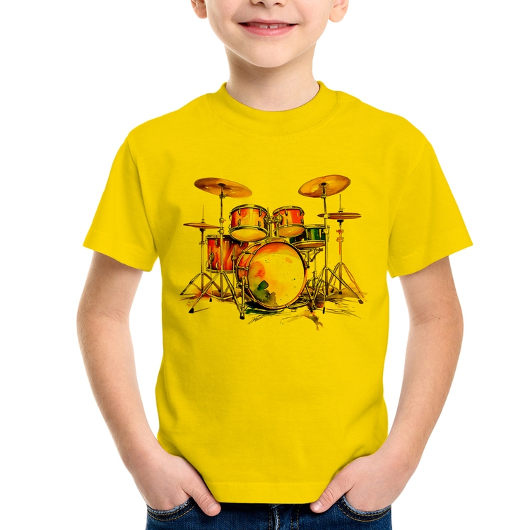 Camiseta Infantil Bateria Watercolor - Amarela