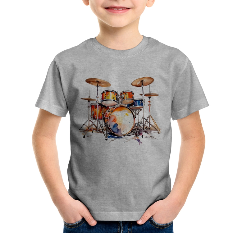 Camiseta Infantil Bateria Watercolor - Cinza