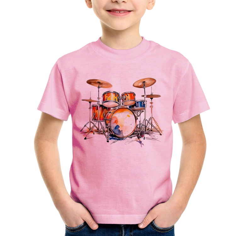 Camiseta Infantil Bateria Watercolor - Rosa Bebê