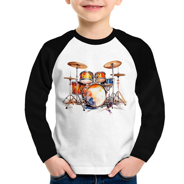 Camiseta Raglan Infantil Bateria Watercolor Manga Longa