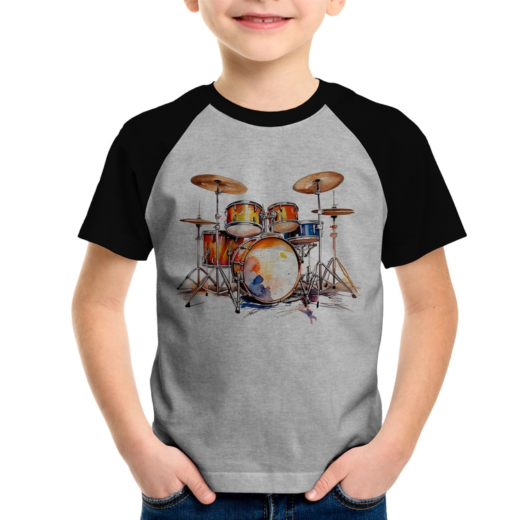 Camiseta Raglan Infantil Bateria Watercolor - Cinza/Preto