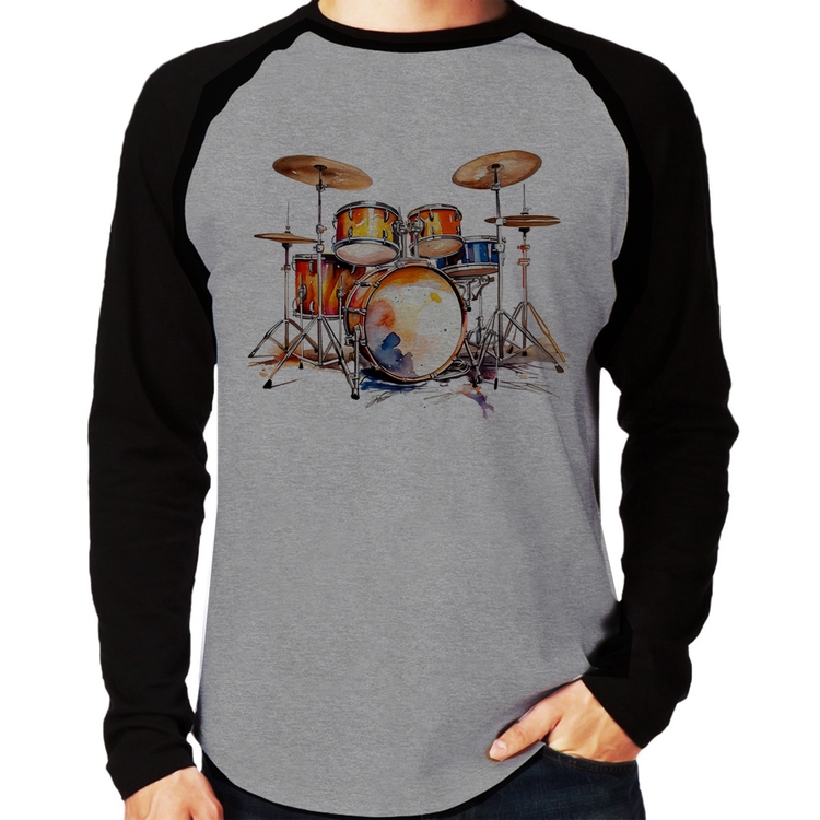 Camiseta Raglan Bateria Watercolor Manga Longa - Cinza/Preto
