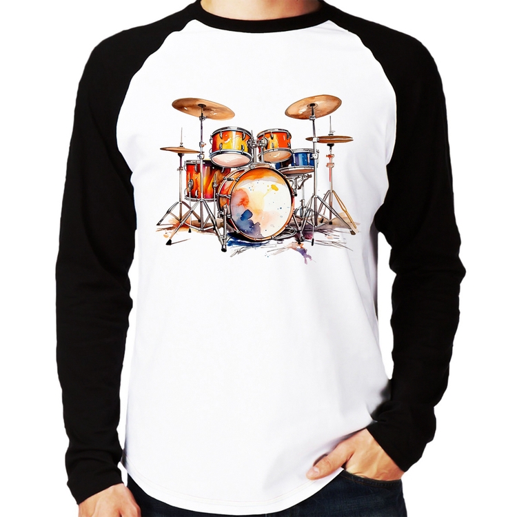 Camiseta Raglan Bateria Watercolor Manga Longa