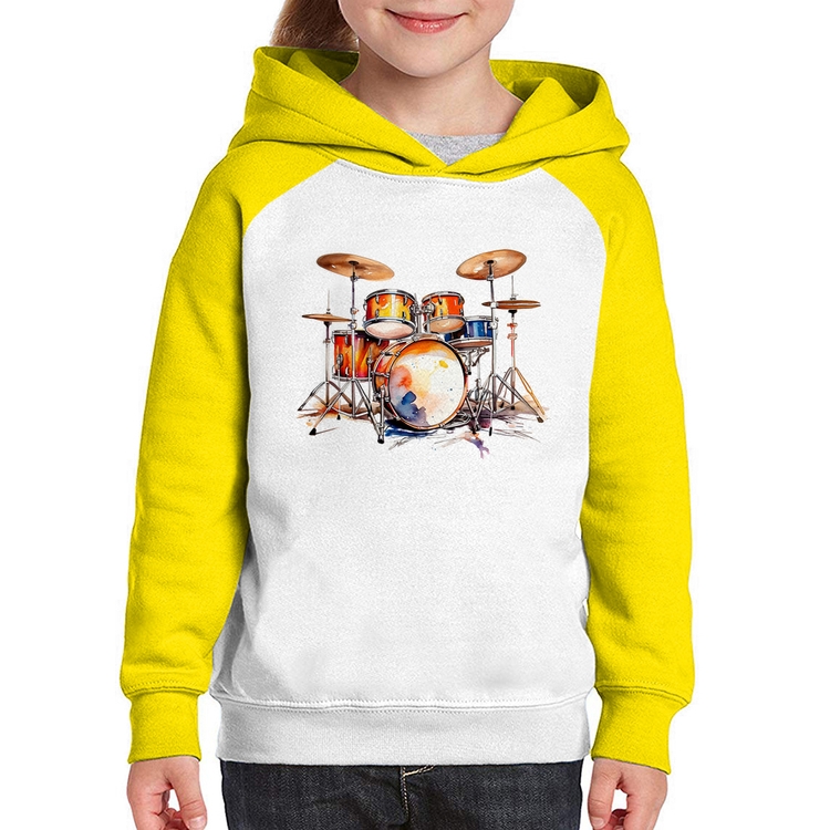 Moletom Infantil Bateria Watercolor - Branco/Amarelo
