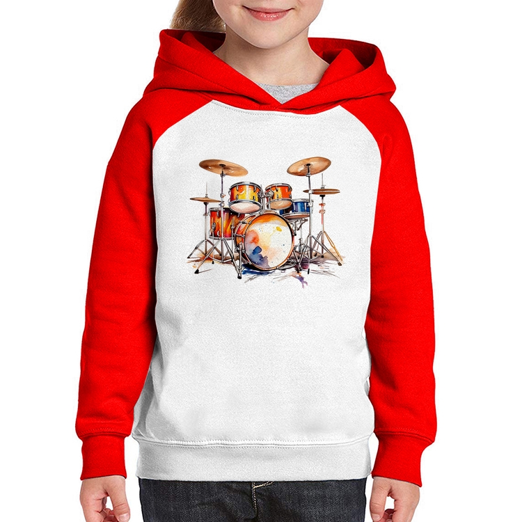 Moletom Infantil Bateria Watercolor - Branco/Vermelho