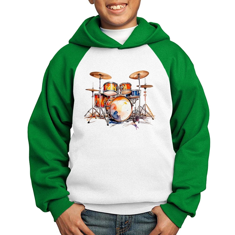 Moletom Infantil Bateria Watercolor - Branco/Verde