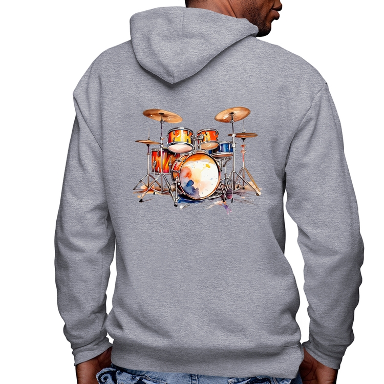Blusa Moletom Bateria Watercolor Masculina com Capuz e Zíper - Mescla