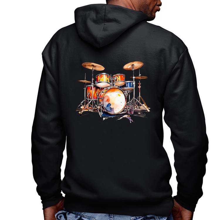 Blusa Moletom Bateria Watercolor Masculina com Capuz e Zíper