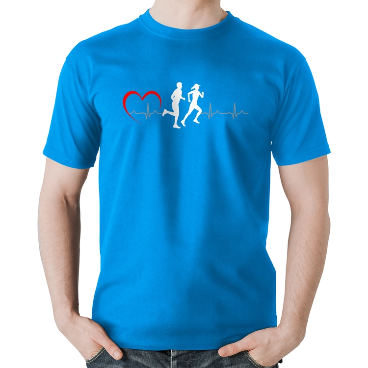 Camiseta Algodão Batimentos Cardíacos Corrida Coração - Azul