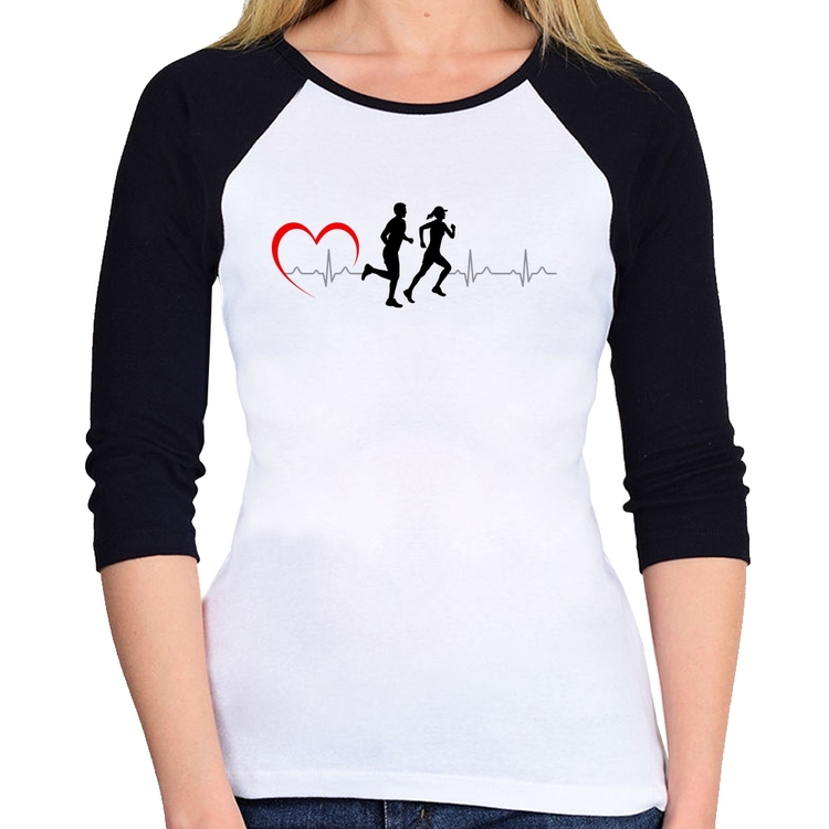 Baby Look Raglan Batimentos Cardíacos Corrida Coração Manga 3/4