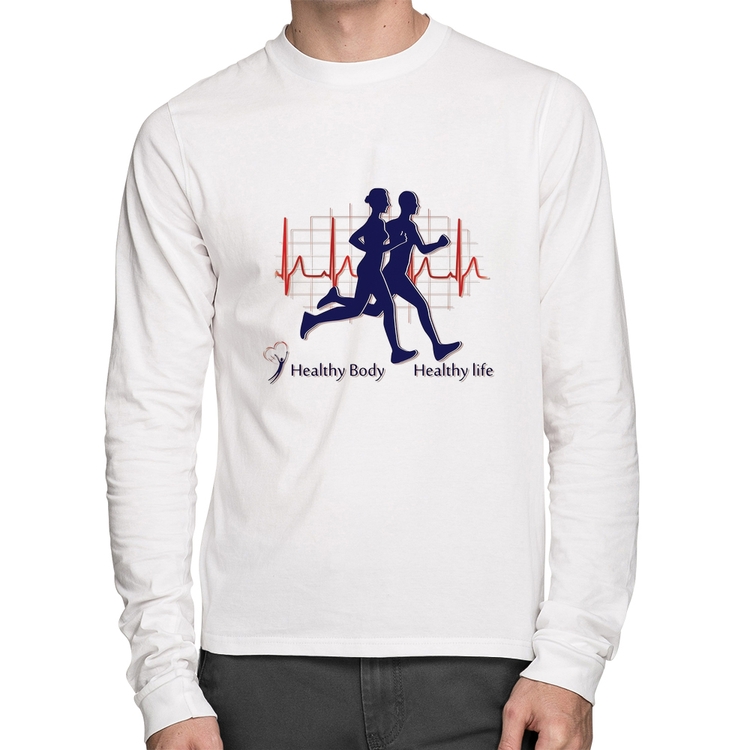 Camiseta Algodão Batimentos Cardíacos Corrida Manga Longa - Branca