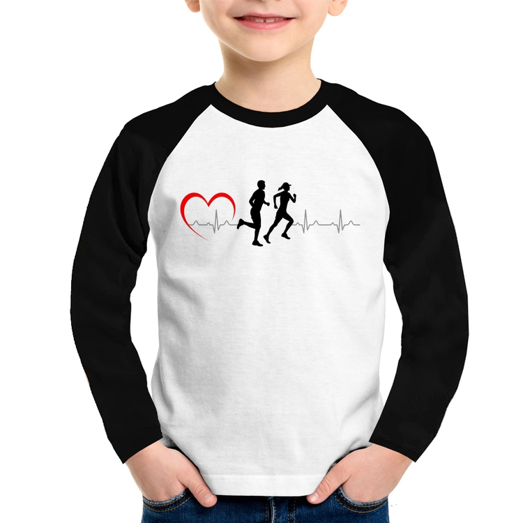 Camiseta Raglan Infantil Batimentos Cardíacos Corrida Coração Manga Longa
