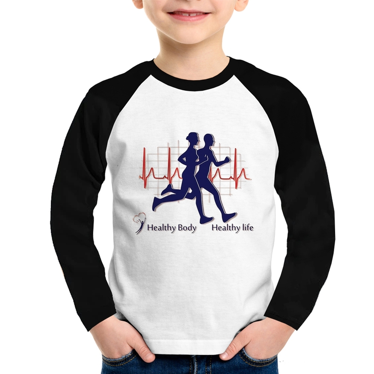 Camiseta Raglan Infantil Batimentos Cardíacos Corrida Manga Longa